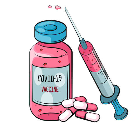 Vaccination concept. Coronavirus Covid-19 vaccine. Ampoule, Syringe with vaccine. Vector illustration. Flat cartoon. Banner.のイラスト素材