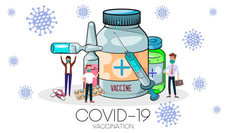 Vaccination concept. Coronavirus Covid-19 vaccine. Ampoule, Syringe with vaccine. Vector illustration. Flat cartoon. Banner.のイラスト素材