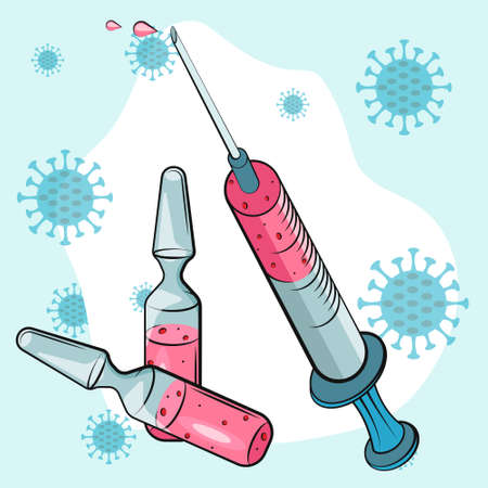Vaccination concept. Coronavirus Covid-19 vaccine. Ampoule, Syringe with vaccine. Vector illustration. Flat cartoon. Banner.のイラスト素材