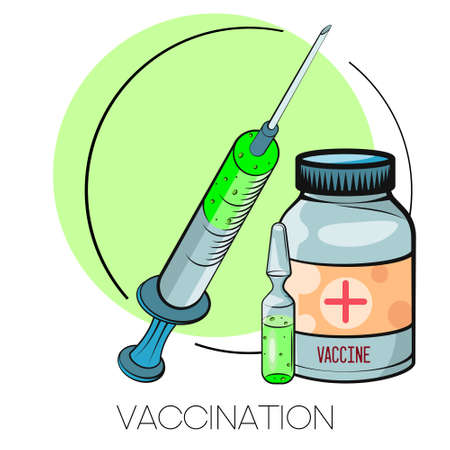 Vaccination concept. Vaccine. Ampoule, Syringe with vaccine. Vector illustration. Flat cartoon.のイラスト素材