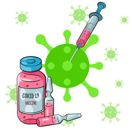 Vaccination concept. Coronavirus Covid-19 vaccine. Ampoule, Syringe with vaccine. Vector illustration. Flat cartoon. Banner.のイラスト素材