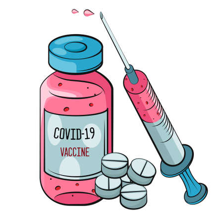 Vaccination concept. Coronavirus Covid-19 vaccine. Ampoule, Syringe with vaccine. Vector illustration. Flat cartoon. Banner.のイラスト素材