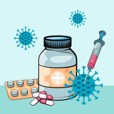 Vaccination concept. Coronavirus Covid-19 vaccine. Ampoule, Syringe with vaccine. Vector illustration. Flat cartoon. Banner.のイラスト素材