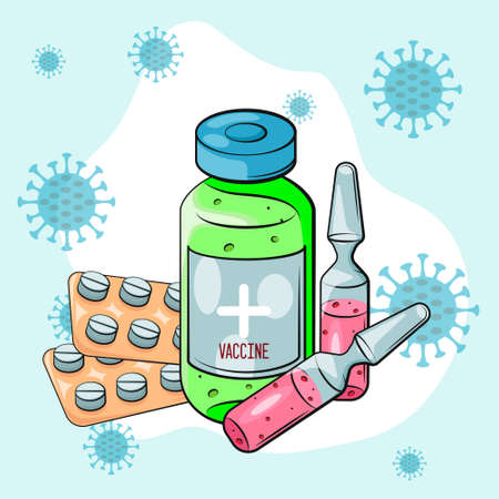 Vaccination concept. Coronavirus Covid-19 vaccine. Ampoule, Bottle with vaccine, Drugs and Pills. Vector illustration. Flat cartoon. Banner.のイラスト素材