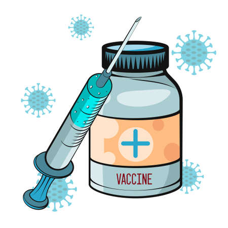 Vaccination concept. Coronavirus Covid-19 vaccine. Ampoule, Syringe with vaccine. Vector illustration. Flat cartoon. Banner.のイラスト素材