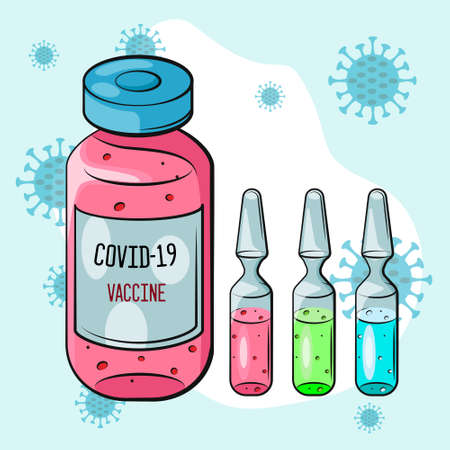 Vaccination concept. Coronavirus Covid-19 vaccine. Ampoule, Bottle with vaccine. Vector illustration. Flat cartoon. Banner.のイラスト素材