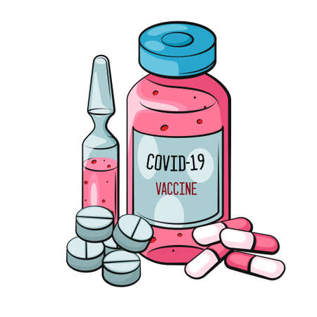 Vaccination concept. Coronavirus Covid-19 vaccine. Ampoule, Pills, Drugs, Capsules. Vector illustration. Flat cartoon. Banner.のイラスト素材