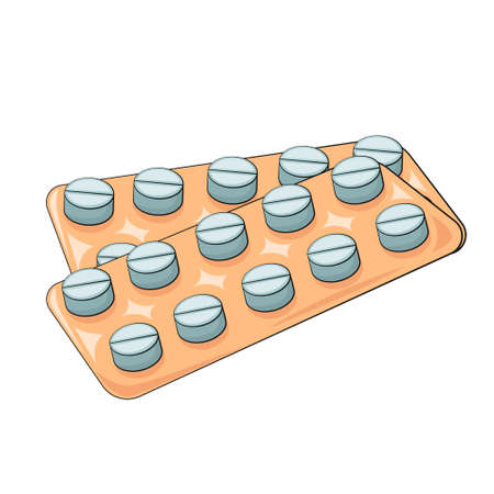 Pills isolated flat vector illustration. Pill in Blister Pack. Drugs, medical pills on white background. Pharmaceutical symbols isolatedのイラスト素材