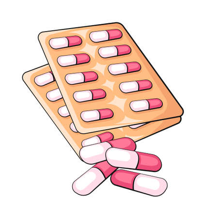 Pills isolated flat vector illustration. Pill in Blister Pack. Drugs, medical pills on white background. Pharmaceutical symbols isolatedのイラスト素材