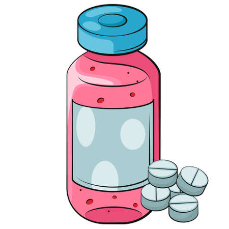 Medical vaccine bottle with pills and drugs. Vaccine vial flat cartoon illustration. Medical Immunization.のイラスト素材