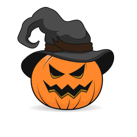 Halloween pumpkin in a hat with scary face on white background. Vector cartoon Illustration. Halloween pumpkin isolated. Halloween decor. Pumpkin headのイラスト素材