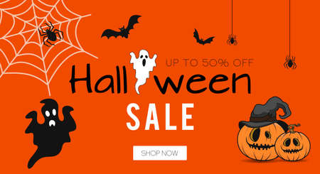 Halloween sale banner. Up to 50% off. Halloween special offer. Pumpkin, witch hat, ghost, spider and bat. Great for banner, voucher, offer, coupon, holiday sale. Vector illustrationのイラスト素材