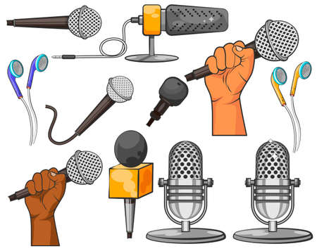 Set of Microphones isolated vector illustration. Earphones. Microphone in a hand. Sound recording. Podcast recording. Professional sound recording equipment.のイラスト素材