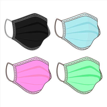 Set of Surgical Mask vector illustration. Face Virus mask. Medical mask vector isolated. Black, blue, green, pink mask vector flat illustration. Coronavirus protection.のイラスト素材