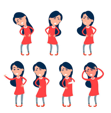 Set of icons women with pain in different parts of body. Backache, abdominal pain, headache, migraine. Body ache icons. Humans bodies injury pain. Flat vector illustration. Human Health Diseaseのイラスト素材