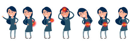 Set of icons women with pain in different parts of body. Backache, abdominal pain, headache, migraine. Body ache icons. Humans bodies injury pain. Flat vector illustration. Human Health Diseaseの写真素材