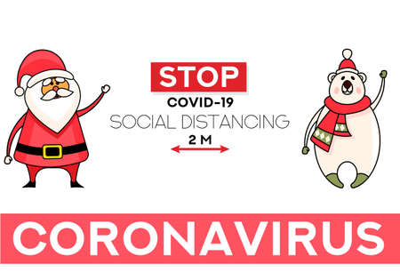 Christmas social distancing concept. Flat vector banner. Christmas covid concept. Christmask. Six Feet distance. Stop coronavirus.のイラスト素材