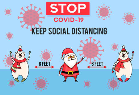 Christmas social distancing concept. Flat vector banner. Christmas covid concept. Christmask. Six Feet distance. Stop coronavirus.のイラスト素材