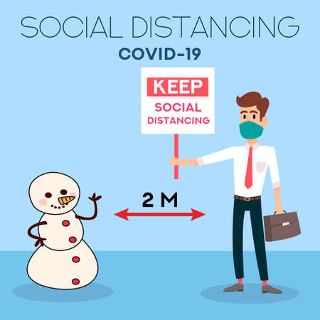 Christmas social distancing concept. Flat vector banner. Christmas covid concept. Christmask. Six Feet distance. Stop coronavirus.のイラスト素材