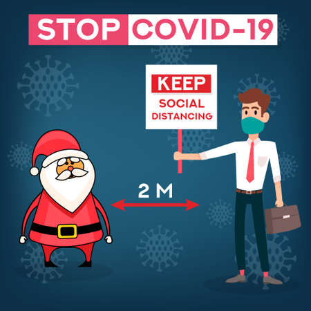 Christmas social distancing concept. Flat vector banner. Christmas covid concept. Christmask. Six Feet distance. Stop coronavirus.のイラスト素材