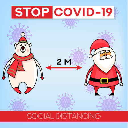 Christmas social distancing concept. Flat vector banner. Christmas covid concept. Christmask. Six Feet distance. Stop coronavirus.のイラスト素材