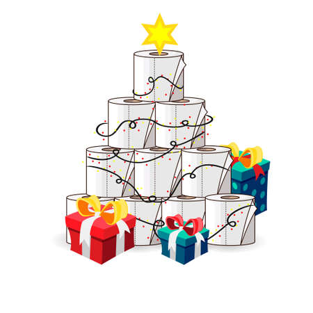 Toilet Roll Pyramid. Winter Holidays during Coronavirus. Christmas and New Year 2021 during Quarantine. Christmas Party Covid-19. Flat Vector Illustrationのイラスト素材