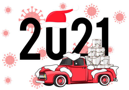 Toilet Roll Pyramid. Winter Holidays during Coronavirus. Christmas and New Year 2021 during Quarantine. Christmas Party Covid-19. Flat Vector Illustrationのイラスト素材