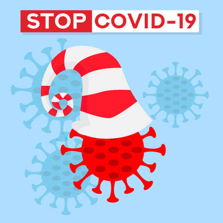 STOP corona virus. Put on a mask. Corona virus danger and public health risk disease. Flat vector illustration. Christmas Covid.のイラスト素材