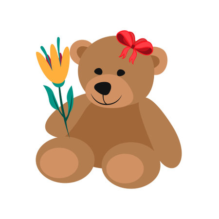 Teddy Bear flat vector illustration. Teddy bear holding flowers valentines day illustration. Cute teddy bear on white background. Valentines Teddy bear vector artwork.のイラスト素材