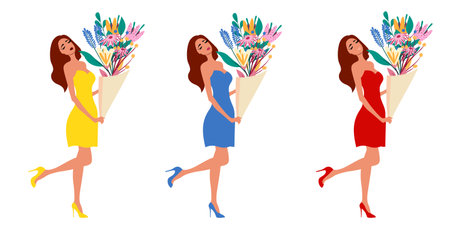 Happy beautiful woman holding flower bouquet isolated on white background flat vector illustration. Full length portrait. Woman in dress holding flowers vector artwork.のイラスト素材