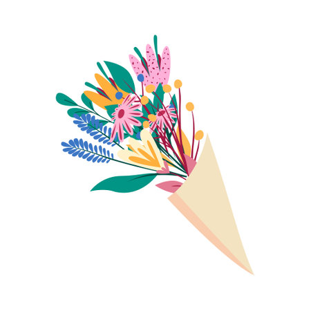 Bouquet of flowers flat vector isolated illustration on white. Cute Flower bouquet isolated.のイラスト素材