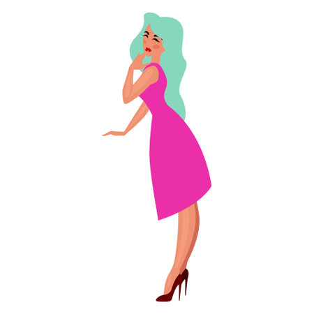 Surprised beautiful young woman in cute dress flat vector illustration. Isolated on white background vector artwork.のイラスト素材