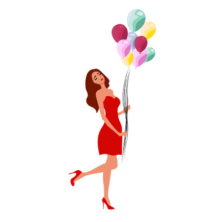 Happy beautiful woman holding colorful balloons isolated on white background flat vector illustration. Full length portrait. Woman in red dress holding balloons vector artwork.のイラスト素材