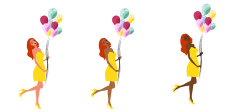 Happy beautiful woman holding colorful balloons isolated on white background flat vector illustration. Full length portrait. Woman in red dress holding balloons vector artwork.のイラスト素材
