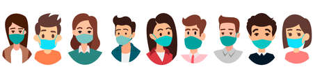 Group of people wearing mask. People face with mask icon isolated vector on white background. Notice Safety sign. Rules for visiting shops and public places, coronavirus, Office workers wearing maskのイラスト素材