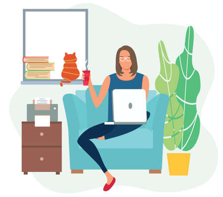 Home office concept. Woman working from home. Student or freelancer concept. Girl with laptop sitting on the chair. Freelance or studying concept. Cute vector illustration, flat styleのイラスト素材