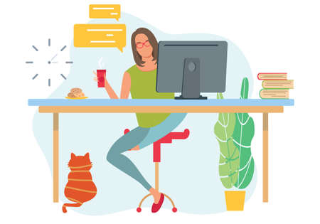 Home office concept. Woman working from home. Student or freelancer concept. Freelance or studying concept. Cute vector illustration, flat styleのイラスト素材
