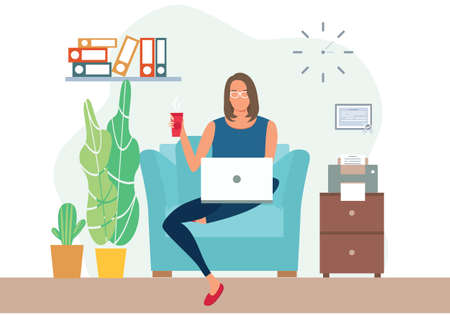 Home office concept. Woman working from home. Student or freelancer concept. Girl with laptop sitting on the chair. Freelance or studying concept. Cute vector illustration, flat styleのイラスト素材