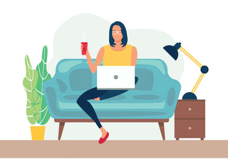 Home office concept. Woman working from home. Student or freelancer concept. Girl with laptop sitting on the chair. Freelance or studying concept. Cute vector illustration, flat styleのイラスト素材