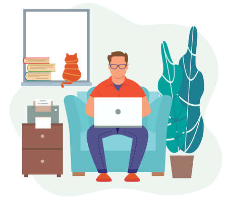 Home office concept. Man working from home. Student or freelancer concept. Boy with laptop sitting on the chair. Freelance or studying concept. Cute vector illustration, flat style.のイラスト素材