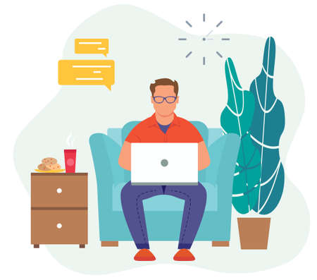 Home office concept. Man working from home. Student or freelancer concept. Boy with laptop sitting on the chair. Freelance or studying concept. Cute vector illustration, flat style.のイラスト素材