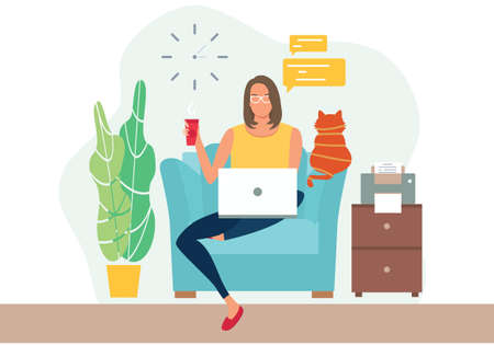 Home office concept. Woman working from home. Student or freelancer concept. Girl with laptop sitting on the chair. Freelance or studying concept. Cute vector illustration, flat styleのイラスト素材