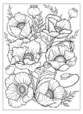 Coloring page with poppies and leaves. Vector page for coloring. Flower Coloring page. Floral print. Outline poppies. Black and white page for coloring book. Anti-stress coloring. Line art flowersのイラスト素材