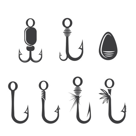 Fishing hook Silhouette. Vector illustration of fishing hook icon. Fishing bait. Great for fishing shop design.のイラスト素材