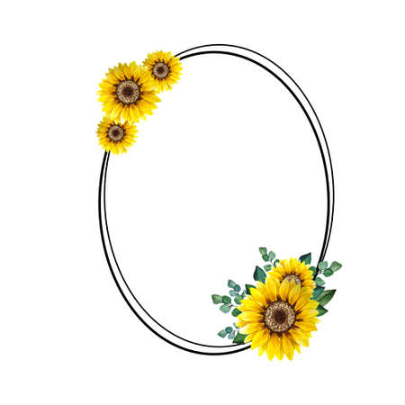 Floral Frames with Sunflowers and Leaves. Watercolor sunflower frame. White background. Watercolor floral. Botanical Drawing.の写真素材