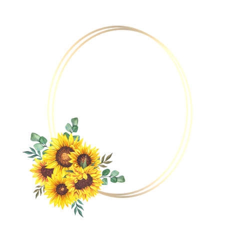 Floral Frames with Sunflowers and Leaves. Watercolor sunflower frame. White background. Watercolor floral. Botanical Drawing.の写真素材