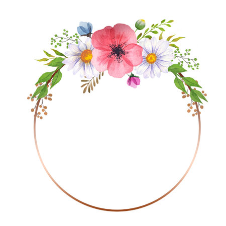 Floral Frames with Wildflowers and Leaves. Watercolor sunflower frame. White background. Watercolor floral. Botanical Drawing. Watercolor Wildflowers Frame. Geometric Floral Frameの写真素材