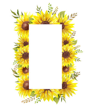 Floral Frames with Sunflowers and Leaves. Watercolor sunflower frame. White background. Watercolor floral. Botanical Drawing.の写真素材