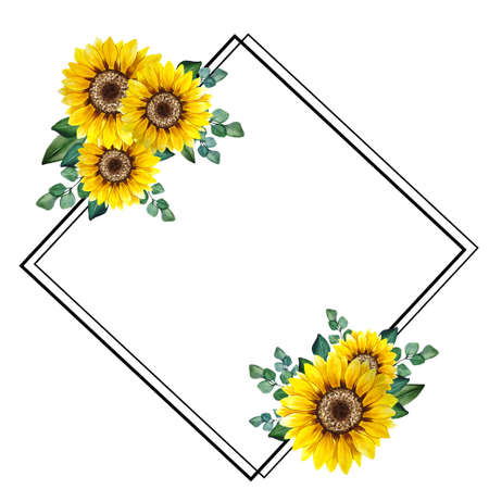 Floral Frames with Sunflowers and Leaves. Watercolor sunflower frame. White background. Watercolor floral. Botanical Drawing.の写真素材