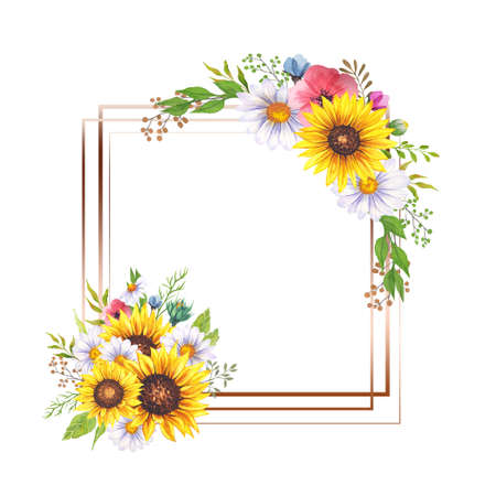 Floral Frames with Wildflowers and Leaves. Watercolor sunflower frame. White background. Watercolor floral. Botanical Drawing. Watercolor Wildflowers Frame. Geometric Floral Frameの写真素材